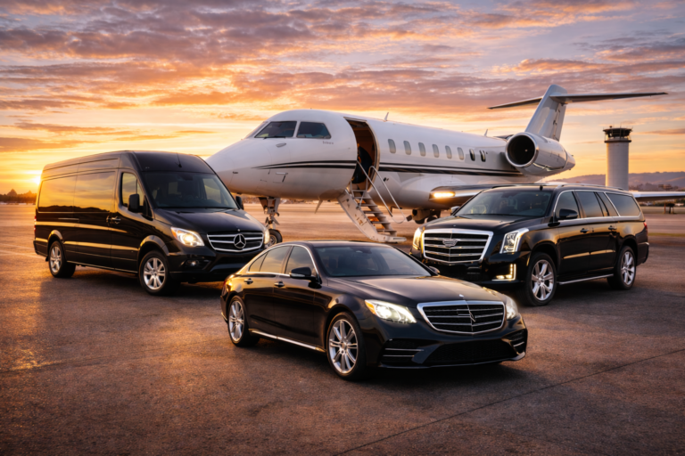 Luxury Airport Transfer luxury vehicles at sunset with private jet